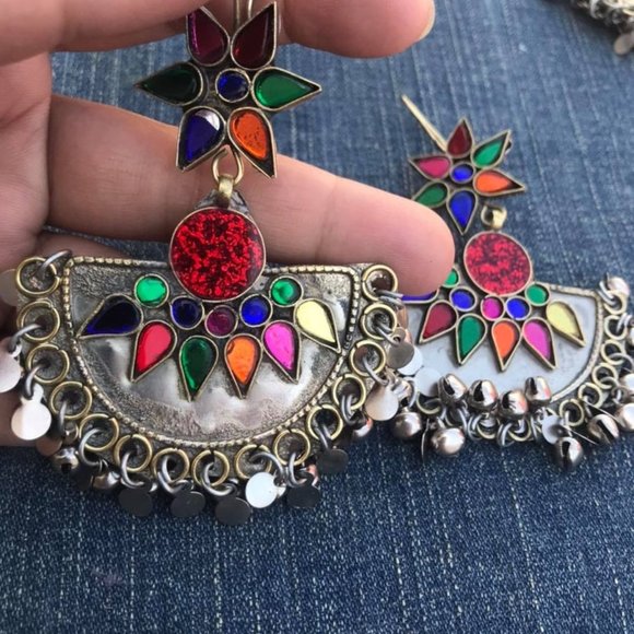 Multicolor Glass Stones Silver Earrings, Afghan Traditional Earrings - Picture 2 of 2